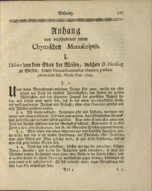 Anhang von verschiedenen raren Chymischen Manuscriptis.