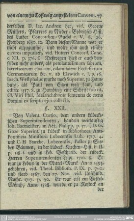 § XXII. Von Valent. Curtio, dem andern Lübeckischen Superintendenten, ...