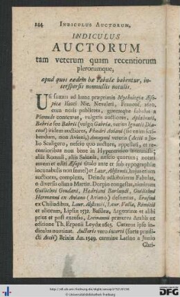 Indiculus Auctorum tam veterum quam recentiorum plerorumque, apud quos eadem hae Fabulae habentur, interspersis nonnullis notulis.