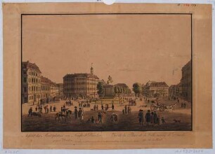 Dresden, der Neustädter Markt nach Norden, Blick in die Hauptstraße mit dem Reiterstandbild August des Starken (Goldener Reiter) und dem Neustädter Rathaus