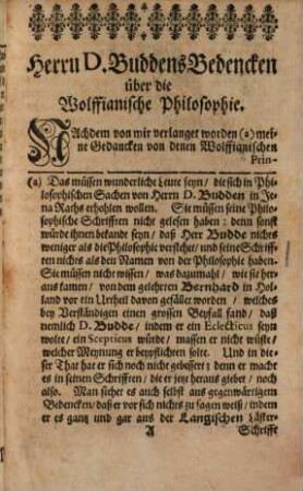 Herrn D. Joh. Francisci Buddei S.S. Theol. P.P.O. zu Jena Bedencken über die Wolffianische Philosophie