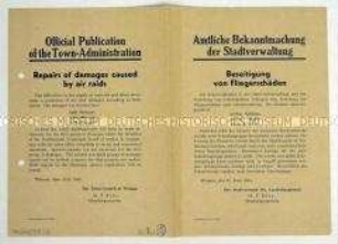 Amtliche Bekanntmachung der Stadtverwaltung von Weimar zur Beseitigung von Fliegerschäden, in englischer und deutscher Ausfertigung