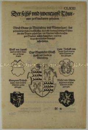 Sechsundzwanzigstes Turnier zu Stuttgart im Jahr 1436 - Stadt- und Familienwappen (S. CLXXI aus dem Turnierbuch/1. Teil)
