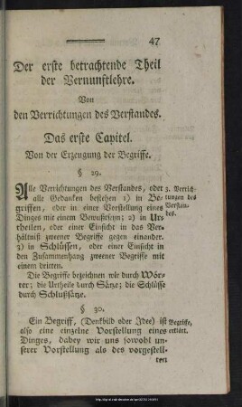 Der erste betrachtende Theil der Vernunftlehre. Von den Verrichtungen des Verstandes