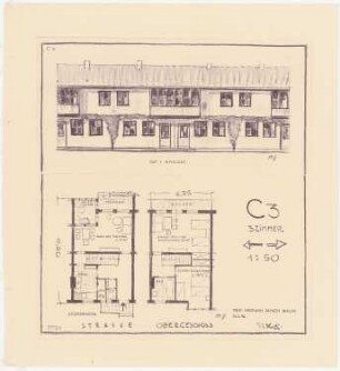 Gesamtbebauungsplan Ankara Ankara Kooperatifi. Haustypen: (Lichtpause von Inv.Nr. 23247 und 23248): Typ C3, CANKIRI, Reihenhaus 3 Zimmer, Grundriss Erdgeschoss und Obergeschoss, Vorderansicht 1:50
