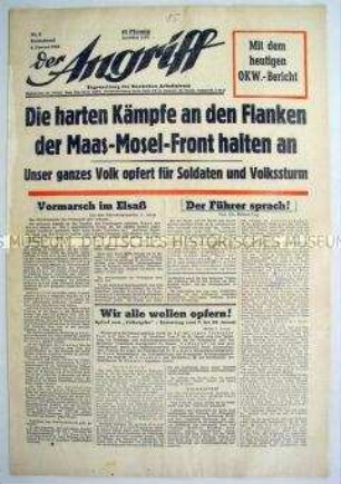 Tageszeitung "Der Angriff" mit Kriegsberichten von der Westfront auf der Titelseite