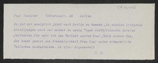 Brief von Gerhart Hauptmann an Paul Cassirer