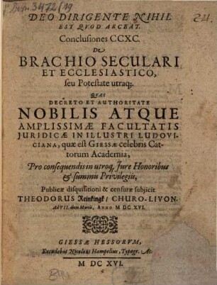 Conclusiones CCXC. de brachio seculari et ecclesiastico, seu potestate utraque