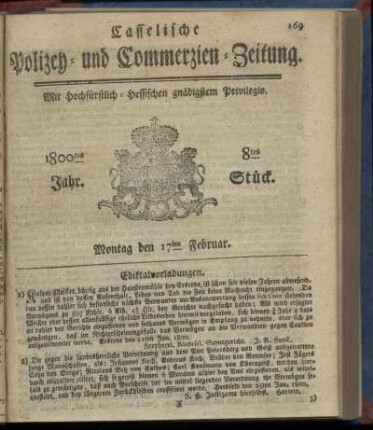 8tes Stueck, Montag den 17ten Februar 1800