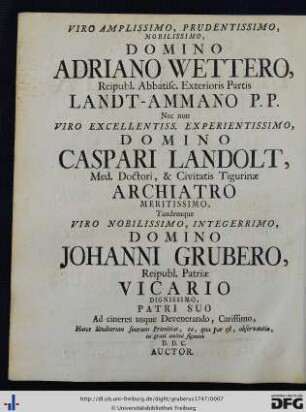 Viro Amplissimo, Prudentissimo, Nobilissimo, Domino Adriano Wettero ...