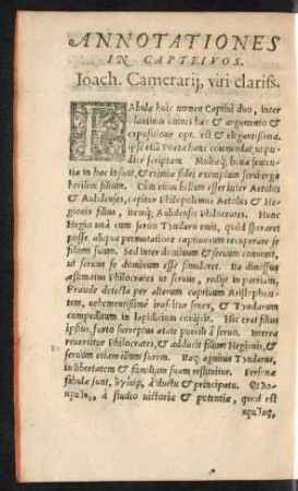 Annotationes In Capteivos. Ioach. Camerarii, viri clariss.