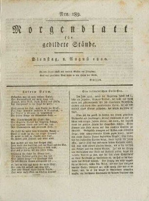 Nro. 189. Dienstag, 8. August 1820. - Nro. 194. Montag, 14. August 1820. (unvollständig)