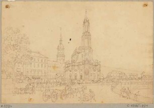 Die Katholische Hofkirche in Dresden, Blick vom Schlossplatz nach Südwesten, mit dem Residenzschloss und dem Georgenbau