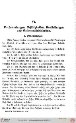 VI. Versammlungen, Festlichkeiten, Ausstellungen und Sehenswürdigkeiten