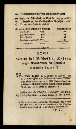 XXVII. Patent des Bischofs zu Kostanz [!], wegen Verminderug der Feyertäge im Kanton Luzern