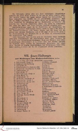 VII. Feuer-Meldungen und Meldungen von Wasserrohrbrüchen