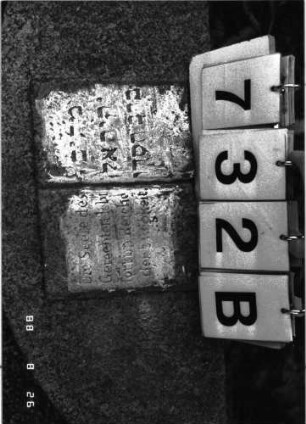 Grabstein 732 (Index: 100099589) Maße HxBxT: 172x120x30 cm Besonderheit: kulturhistorisch wertvoll / hist.-wiss. Gründe (Gemeindestellung): Grabstein 732B