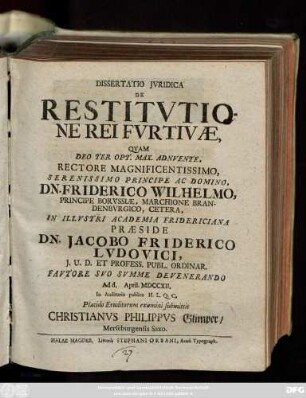 Dissertatio Jvridica De Restitvtione Rei Fvrtivæ
