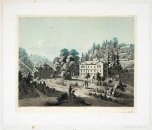 Der Königliche Weinberg in Wachwitz bei Dresden mit dem alten Gärtnerhaus (oder Küchenhaus, 1825 umgebaut, links), der alten königlichen Villa (Mitte) und der neogotischen Kapelle (dahinter)