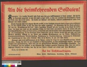 Plakat zur Demobilisierung der Soldaten nach dem Ende des Ersten Weltkrieges