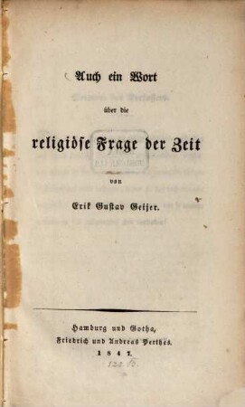 Auch ein Wort über die religiöse Frage der Zeit