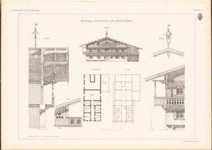 Bauernhaus, Kirchbichl: Grundriss EG, 1. OG, Ansicht, Querschnitt, Details (aus: Das Bauernhaus in Österreich-Ungarn, hrsg.v. Ingenieur- und Architektenverein, 1906)