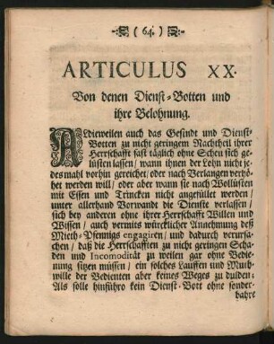 Articulus XX. Von denen Dienst-Botten und ihre Belohnung.