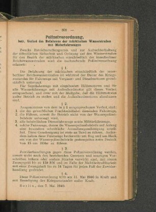 Polizeiverordnung, betr. Verbot des Befahrens der märkischen Wasserstraßen mit Motorfahrzeugen