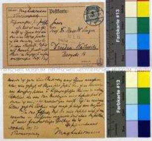 Eigenhändige Postkarte von Max Liebermann an Hans W. Singer in Dresden mit der Absage, keine Arbeiten übernehmen zu können; Berlin, 20. Jan. 1924