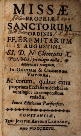 Missae propriae Sanctorum ... ordinis fratrum Eremitarum S. Augustini