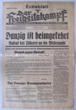Sonderausgabe der Tageszeitung der NSDAP Sachsen "Der Freiheitskampf" zur "Heimkehr" Danzig und dem Beginn des 2. Weltkrieges