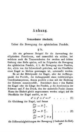 Abschnitt XIX - XX. Anhang. Bewegung des sphärischen Pendels. Functionen einer complexen Variablen und die Vieldeutigkeit bestimmter Integrale.