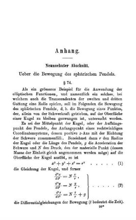 Abschnitt XIX - XX. Anhang. Bewegung des sphärischen Pendels. Functionen einer complexen Variablen und die Vieldeutigkeit bestimmter Integrale.
