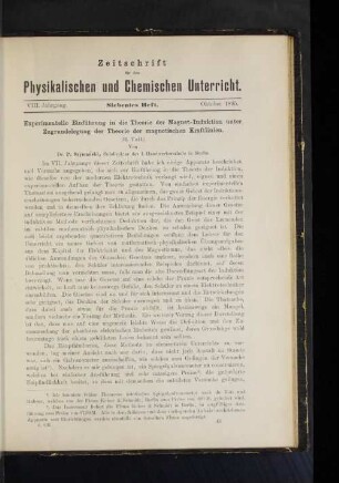 Experimentelle Einführung in die Theorie der Magnet-Induktion unter Zugrundelegung der Theore der magnetischen Kraftlinien.