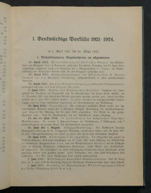 I. Denkwürdige Vorfälle 1921-1924.