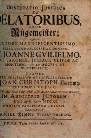 Diss. iur. de delatoribus, vulgo Rügemeister