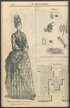 Modas - [Dibujo de un] Figurín del Grand Bon Marché de Lima. : Vestido para la calle de Etelvina y blondas.
