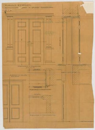 Thiersch, Friedrich von; Wiesbaden; Kurhaus - Türen Großer Konzertsaal (Teilgrundriss Keller, Teilgrundriss EG, Teilansicht, Ansicht, Schnitt)