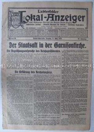 Berliner Bezirkszeitung "Lichterfelder Lokal-Anzeiger zum Staatsakt zur Konstituierung des Reichstages ("Tag von Potsdam"