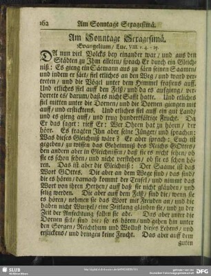 Am Sonntage Sexagesimä. Evangelium, Luc. VIII. v. 4 - 15