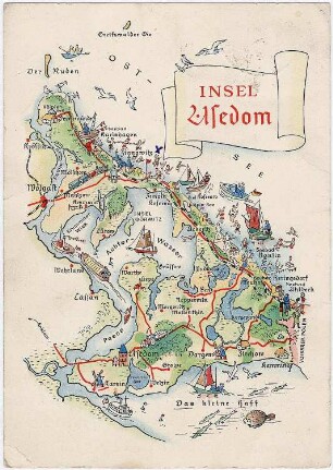 Insel Usedom (Landschaft). Schematische Übersichtskarte der Insel Usedom, Ansichtskarte