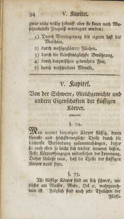 V. Kapitel. Von der Schwere, Gleichgewichte und andern Eigenschaften der flüssigen Körper.