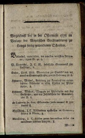 Verzeichniß der in der Ostermesse 1778 im Verlage der Meyerschen Buchhandlung zu Lemgo fertig gewordenen Schriften.