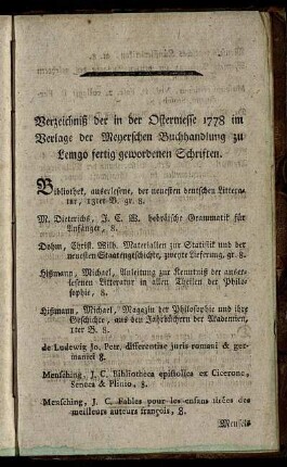Verzeichniß der in der Ostermesse 1778 im Verlage der Meyerschen Buchhandlung zu Lemgo fertig gewordenen Schriften.