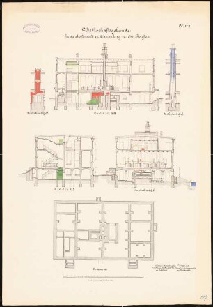 Strafanstalt, Wartenburg Wirtschaftsgebäude: Grundriss Fundamente, Längsschnitt, Querschnitte 1:100
