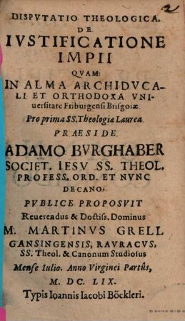 Dispvtatio Theologica, De Ivstificatione Impii