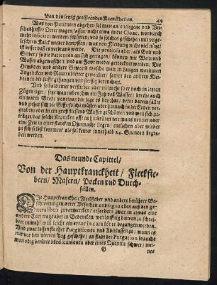 Das neunde Capittel/ Von der Hauptkranckheit/ Fleckfiebern/ Masern/ Pocken und Durchfällen.