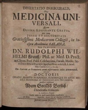 Dissertatio Inauguralis, De Medicina Universali