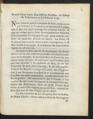 Extrait d'une lettre d'un Officier Prussien, du Camp de Trautenau, ce 8 d'Octobre 1745