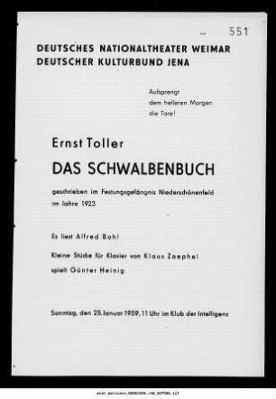 Ernst Toller Das Schwalbenbuch
